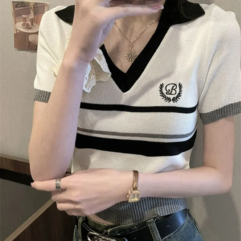 Striped Polo Neck Ice Silk Knitted Top Women's Short Sleeve 2025 Summer New Chic Fake-two Pieces V-neck Thin Short T-shirt