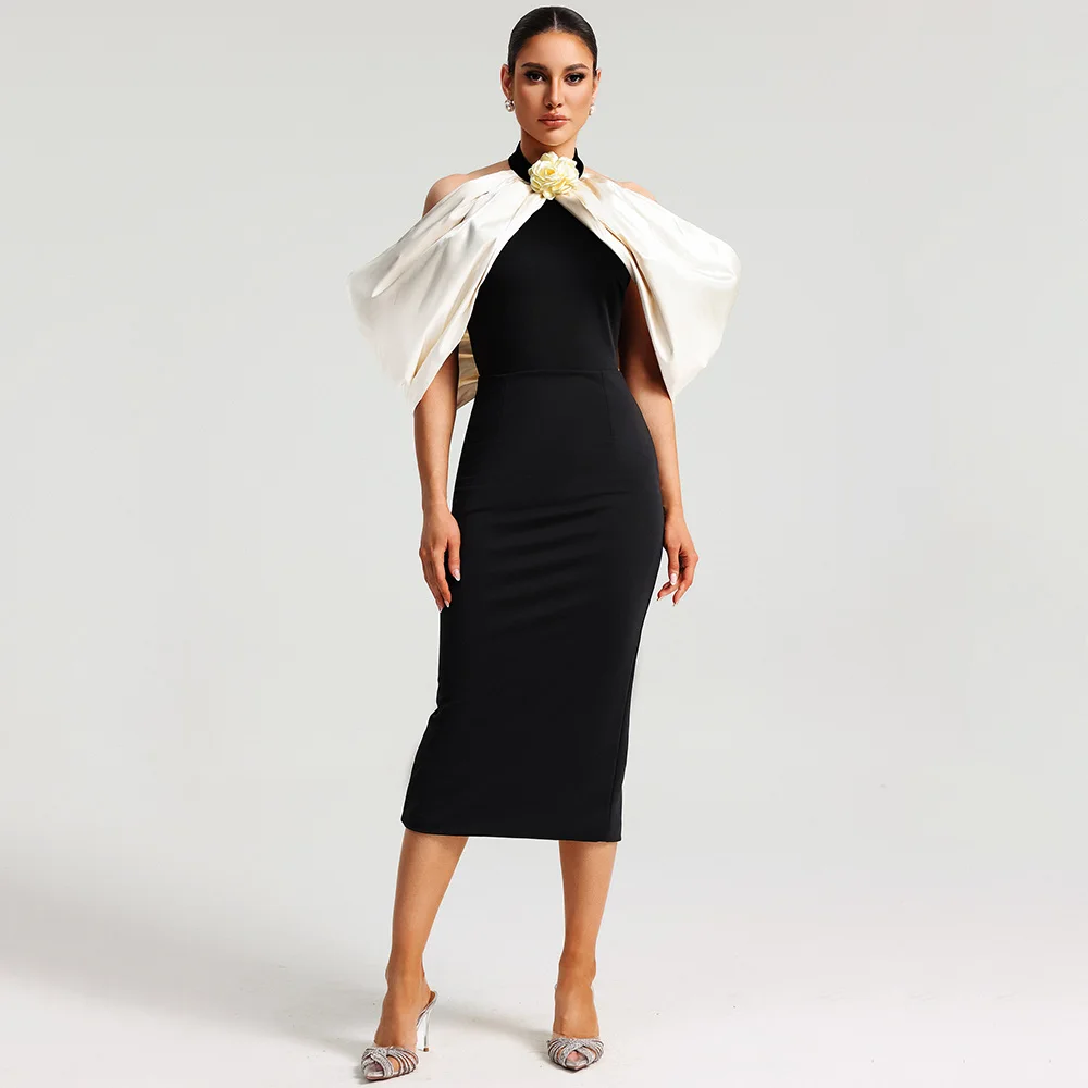 

Midi Cocktail Dress Black Halter Off the Shoulder Sheath/Column Cocktail Gowns for Women Backless Tea Length Short Party Dresses