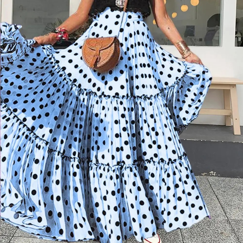 

Dot Print Multi-layer Shirring Plus Size Maxi Skirt A-line Skirts For Women Elegant High Waist Office Lady Ankle-Length Skirt