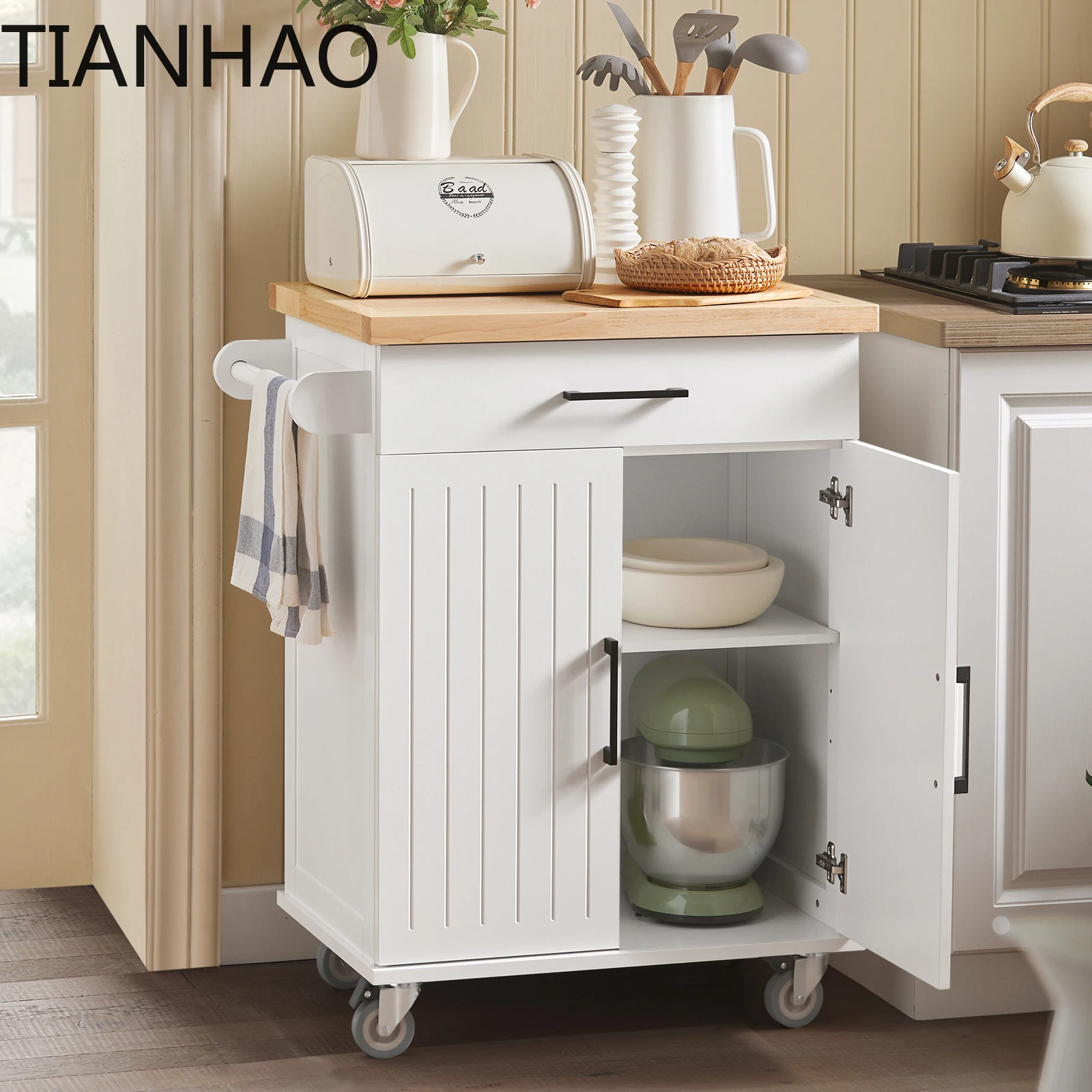 FKW119-WN Kitchen Carts with Work plate serving trolley with Roller kitcheIsland wardrobe White