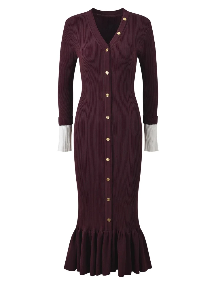 Vrouwen elegante gebreide jurk lente herfst sexy v-hals enkele rij knopen fishtail jurken lange mouwen Bocydon jurk vestidos