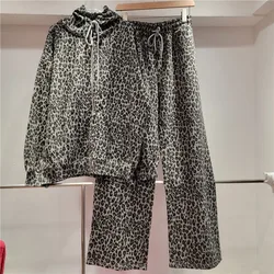 Chic Rhinestones  Leopard Printed Hooded Jacket Hot Drilling Diamond Beads Coat Zipper Tops + Wide Legs Crystal Pants 2Pcs Set