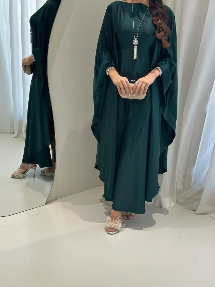 Eid Muslim Dress for Women Bat Sleeve Satin Jalabiya Abaya Morocco Party Dresses Ramadan Kaftan Islam Dubai Arab Long Robe 2024