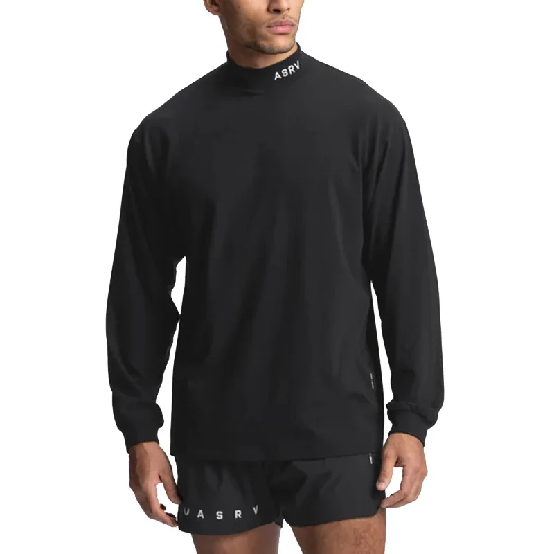 Long Sleeve Men Fitness Shirt Gym Workout Pullover Shirts Spring Autumn Mock Neck Sweatshirt Training Running Sport Basic TShirt