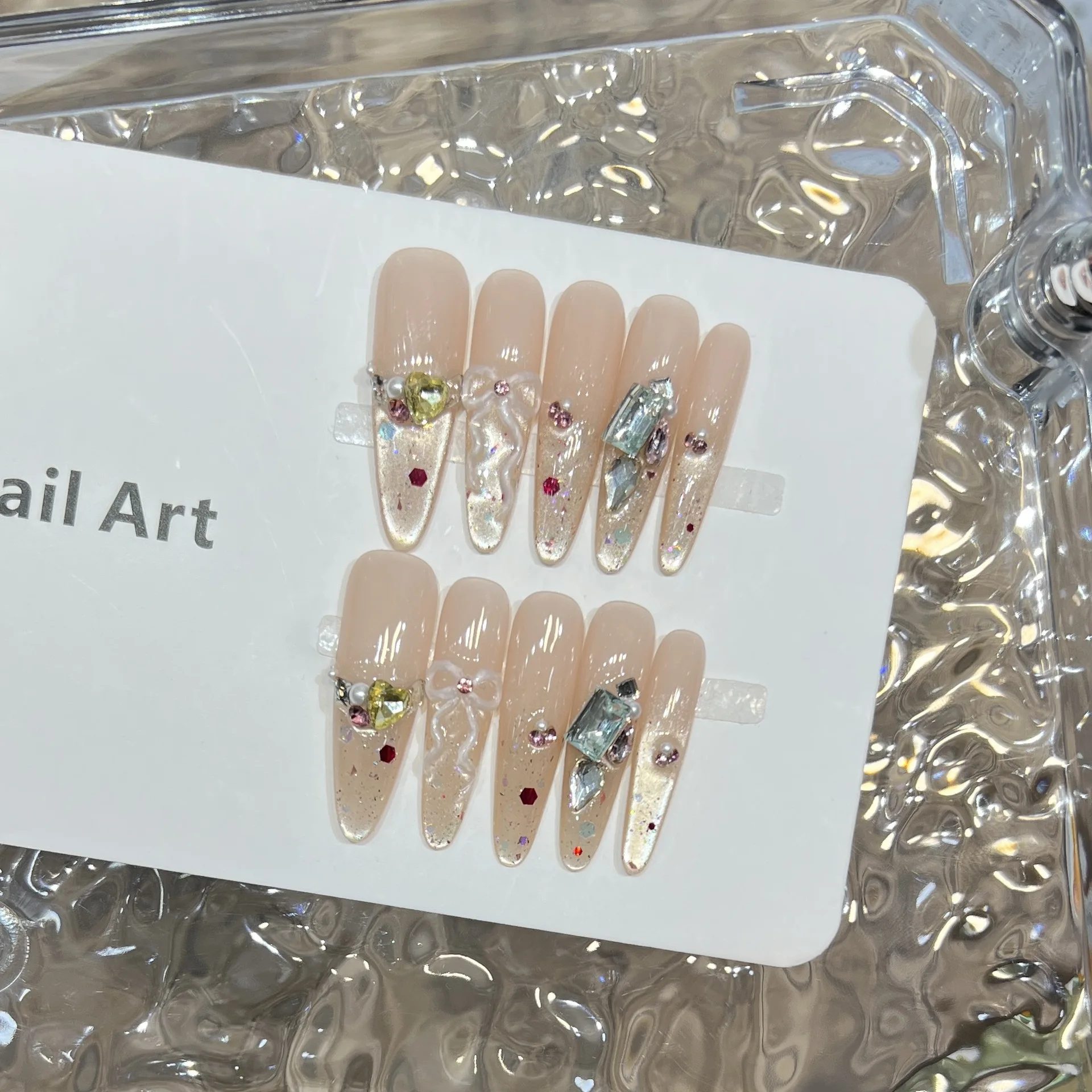 10 stuks luxe handgemaakte lange stiletto pers op nagels glanzende cat eye Franse strass glitter ontwerp nep nagel draagbare kunstnagels