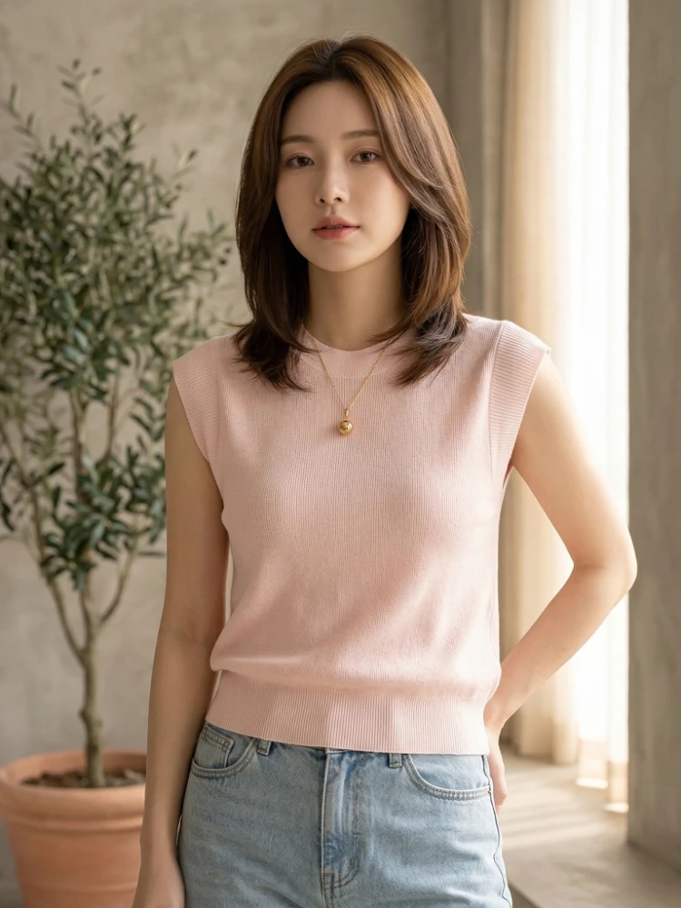2026 Korea Strickwesten Damen Tank Top Einfarbig Blusas Mujer De Moda Sommer Neue Mode Ärmellose Lässige Dünne Oberteile