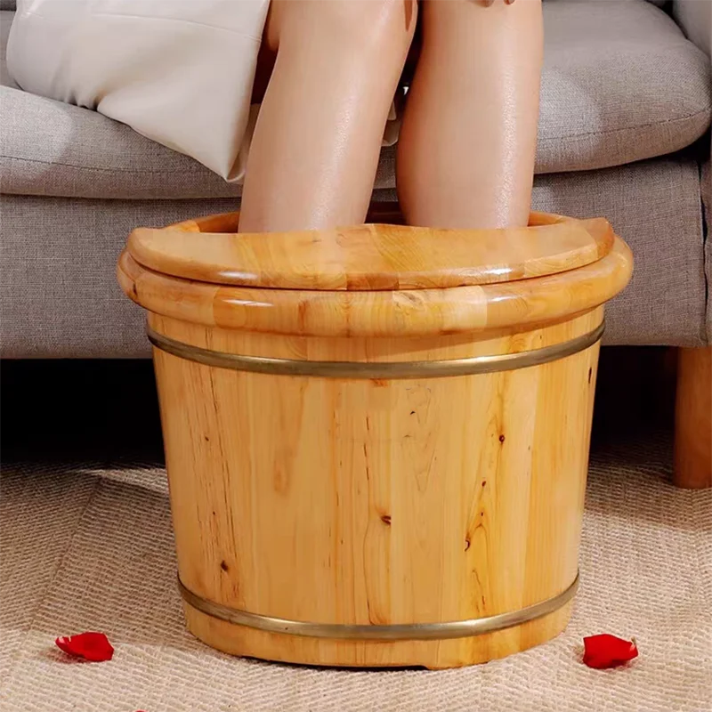 

Foot Soaking Bucket Portable Bath Foot Basin Wood Casual Pedicure Spa Bucket Cover Plate Massager Household Items