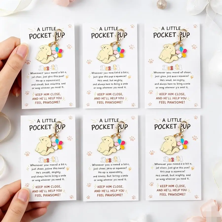 1/5/10/20/50/100pcs pack of 12 puppy-themed keychain charms in a healing style, featuring a cute Golden Retriever with colorful