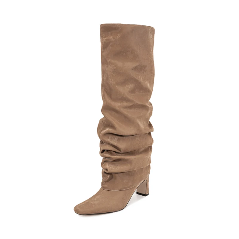 

Khaki Suede Square Toe Block Heel Knee-High Boots Woman Autumn Winter 2026 Slouch Boots Two-Way Detachable Cuff Fashion Boots