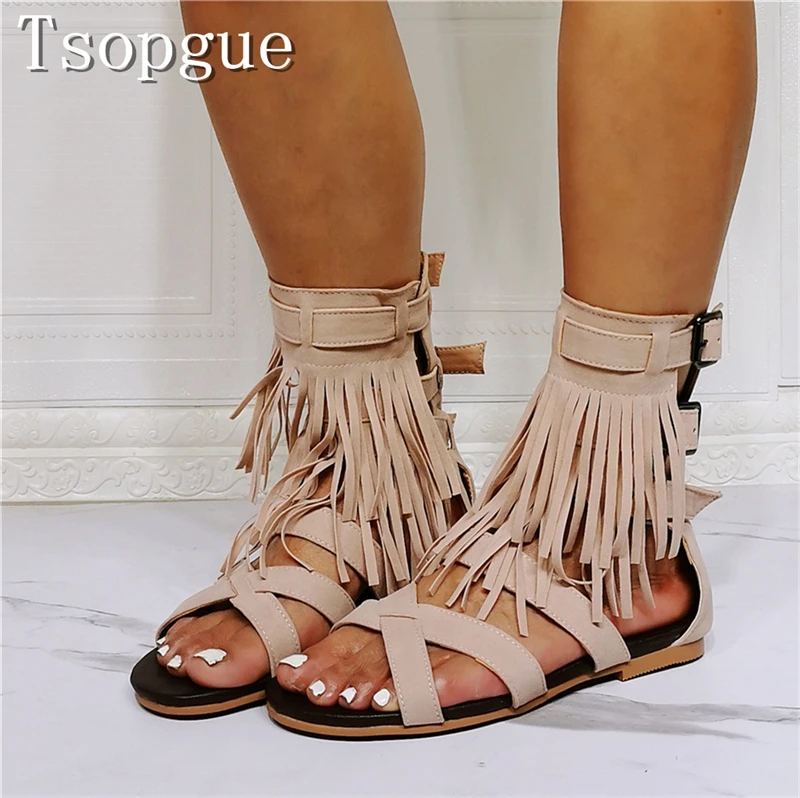 

Rome Style Tassel Decor Flat Sandals Women Fashion Open Toe Ankles Strap Gladiator Sandals Summer New Casual Shoes