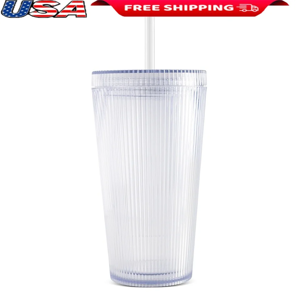 Vaso de café helado de doble pared con pajita, diseño acanalado transparente ligero de 18oz, bebidas frías perfectas, apto para viajes, se adapta a la mayoría