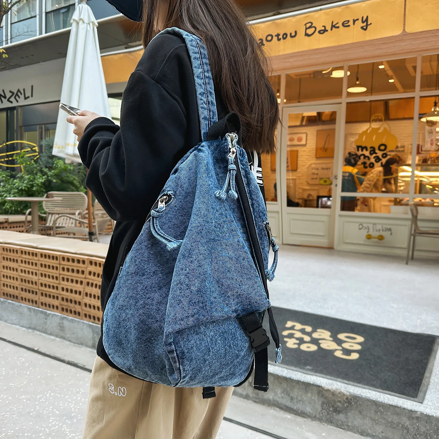 Picture 3: Large-capacity distressed denim backpack, vintage student schoolbag, lockable travel crossbody bag