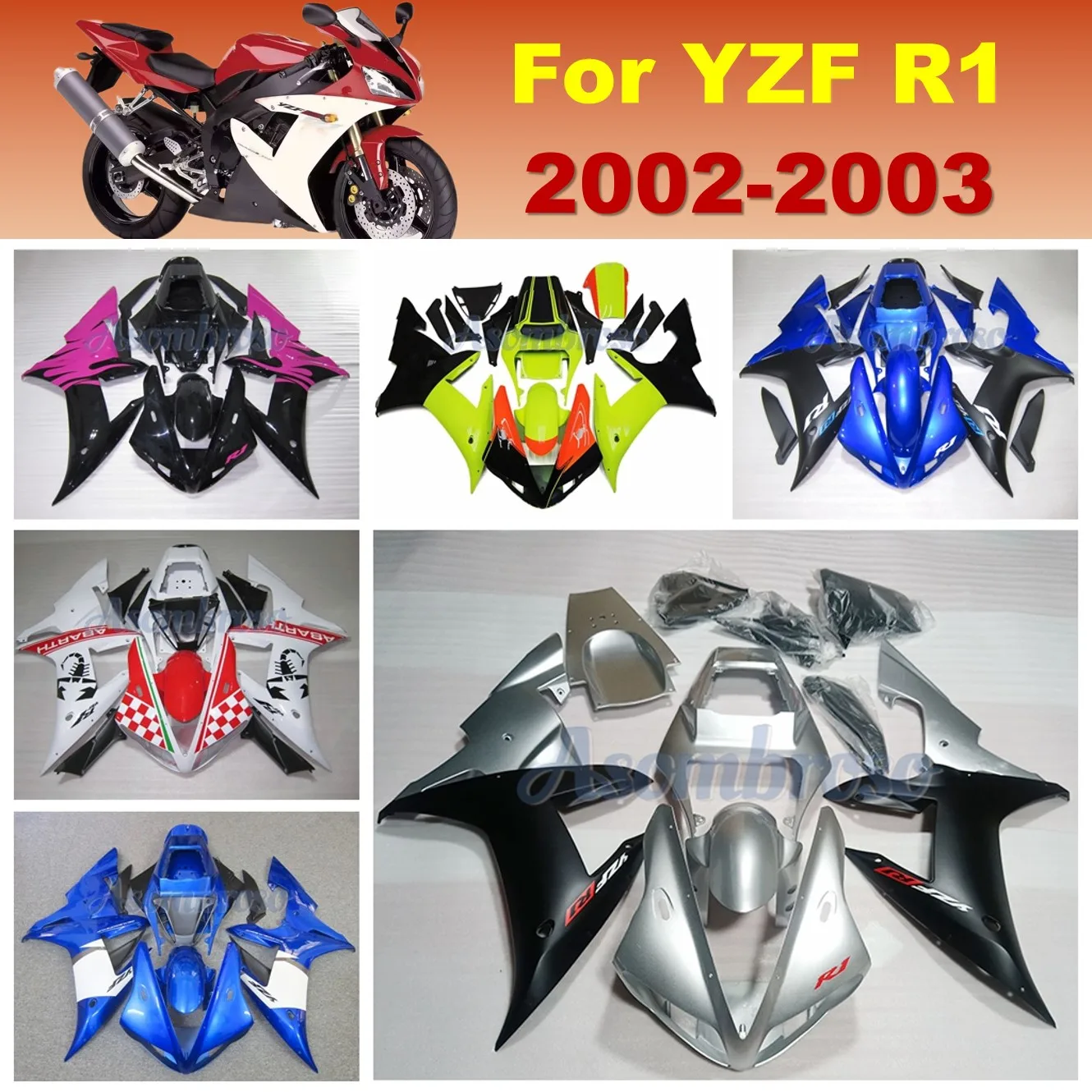 

Комплект обтекателей подходит для Yamaha YZFR1 2002 2003 YZF-R1 02 03 YZF1000 мотоцикла ZXMT серебристо-черные обтекатели