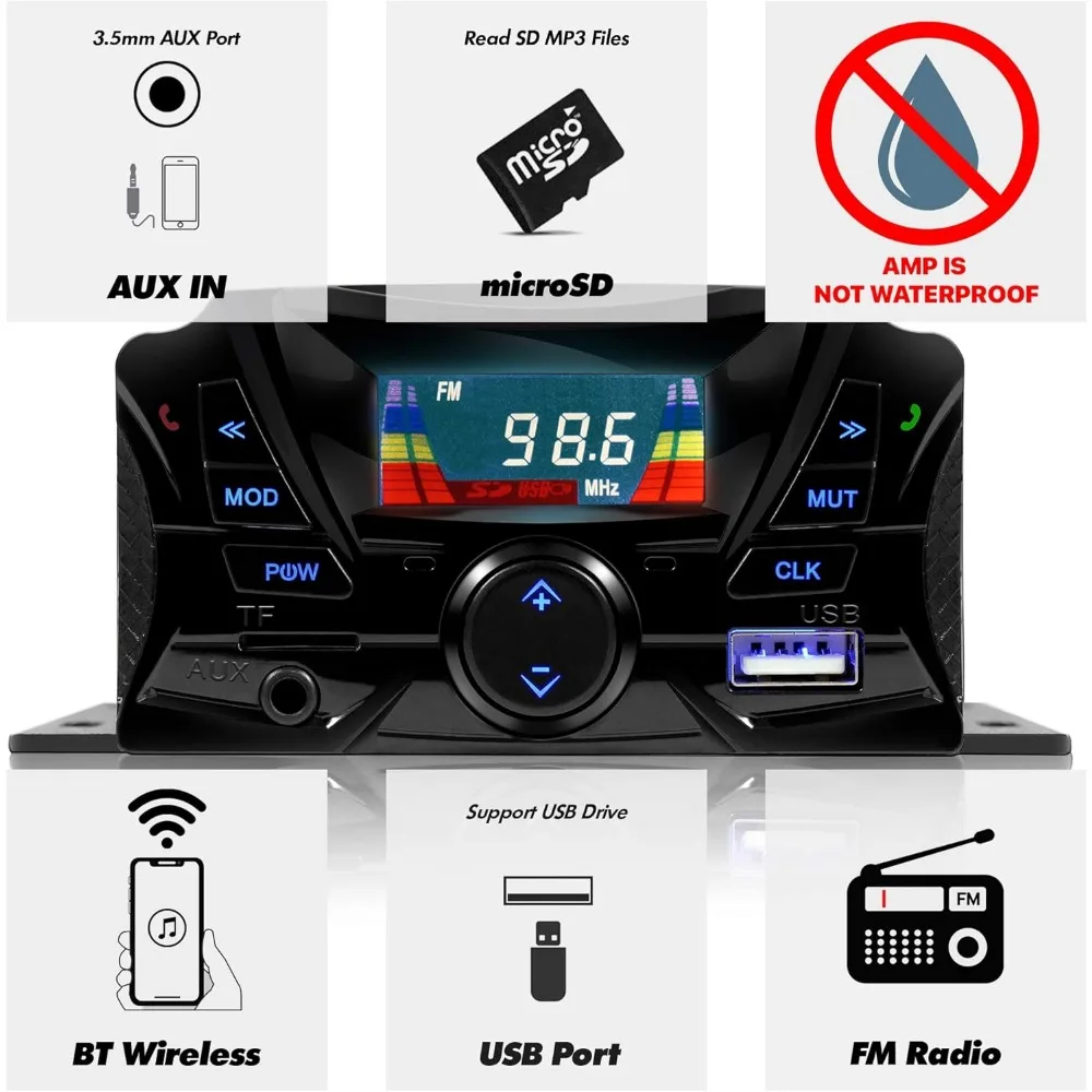 Motorcycle Weatherproof Bluetooth Speakers 7/8-1.25 in. Handlebar Mount MP3 Music Player Sound Audio Stereo Amplifier System