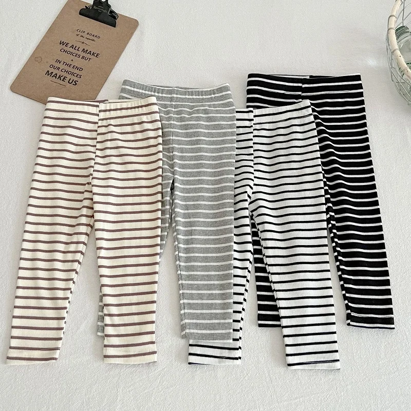 Baby clothes 0-6 year old children\'s pants striped cotton girls solid color leggings casual striped thin new boys elastic pants