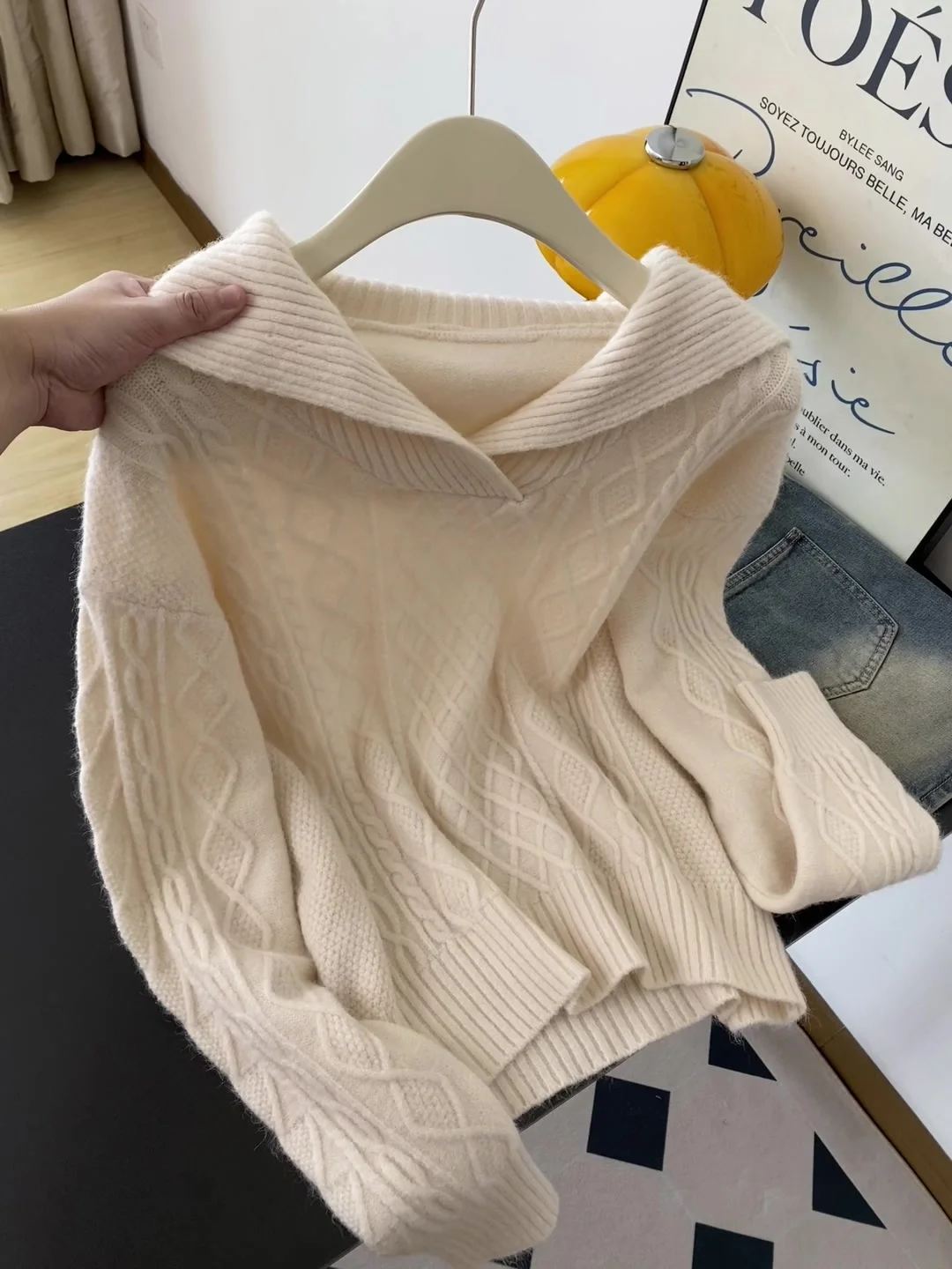 

Soft Navy Collar Knitted Sweater ort Big Flip Collar Doll Collar Autumn Winter New Sle Women's Retro Sweater Commute Sle