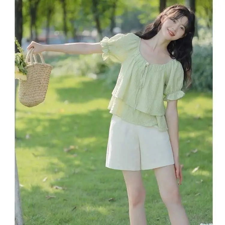 فقاعة قصيرة الأكمام قميص المرأة صغيرتي النمط الصيني الجديد دمية فرنسية الأعلى