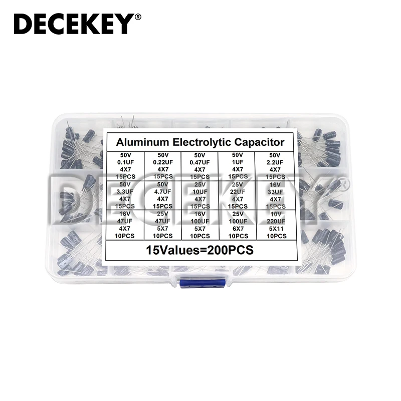 200pcs Electrolytic Capacitor Assorted Kit 15Values 0.1UF - 220UF 10V 16V 25V 50V 100UF 47UF 22UF 10UF Aluminum Capacitance Box