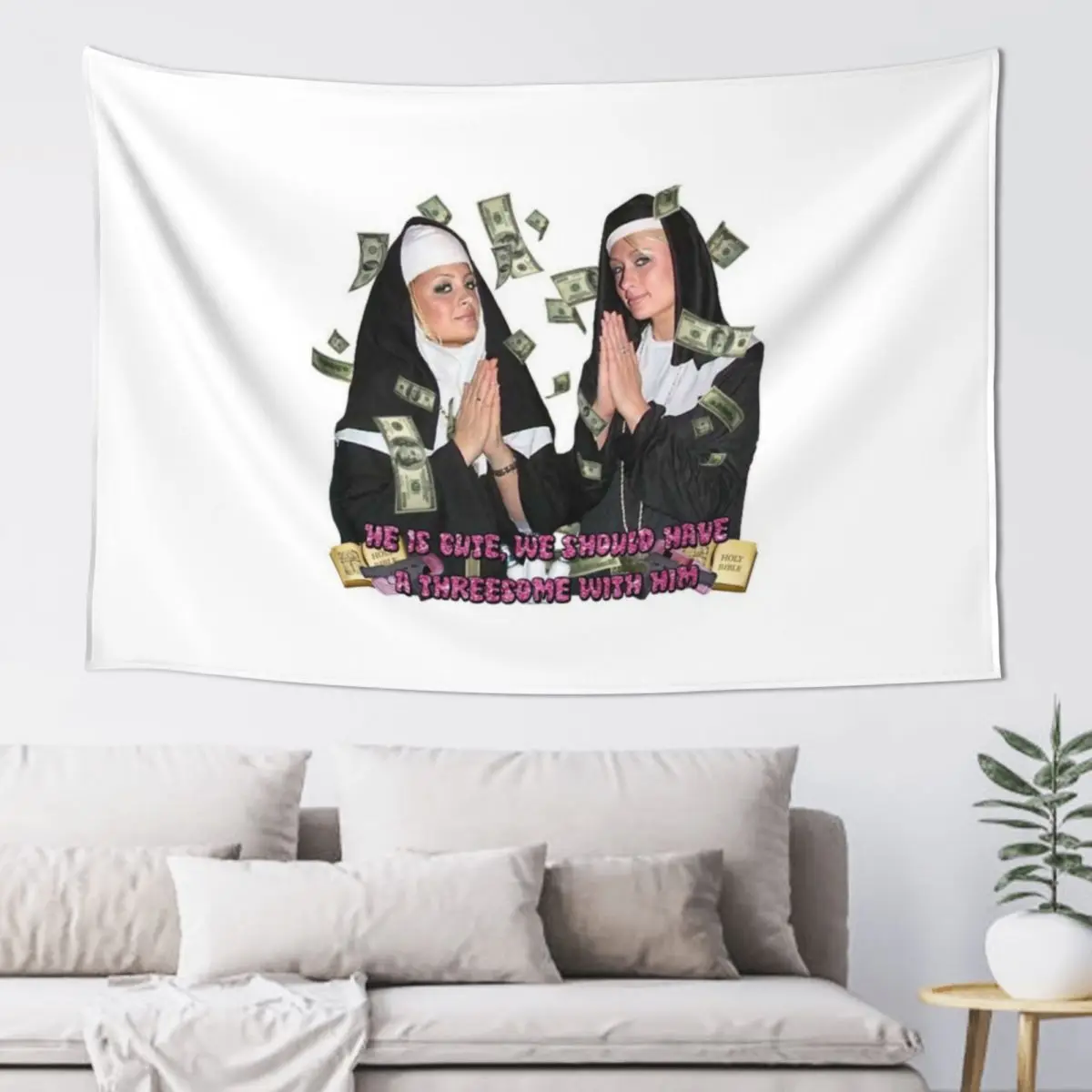 

Paris Hilton and Nichole Richie as nuns Tapestry Hanging Wall Room Design Room Decorating Aesthetic Tapestry