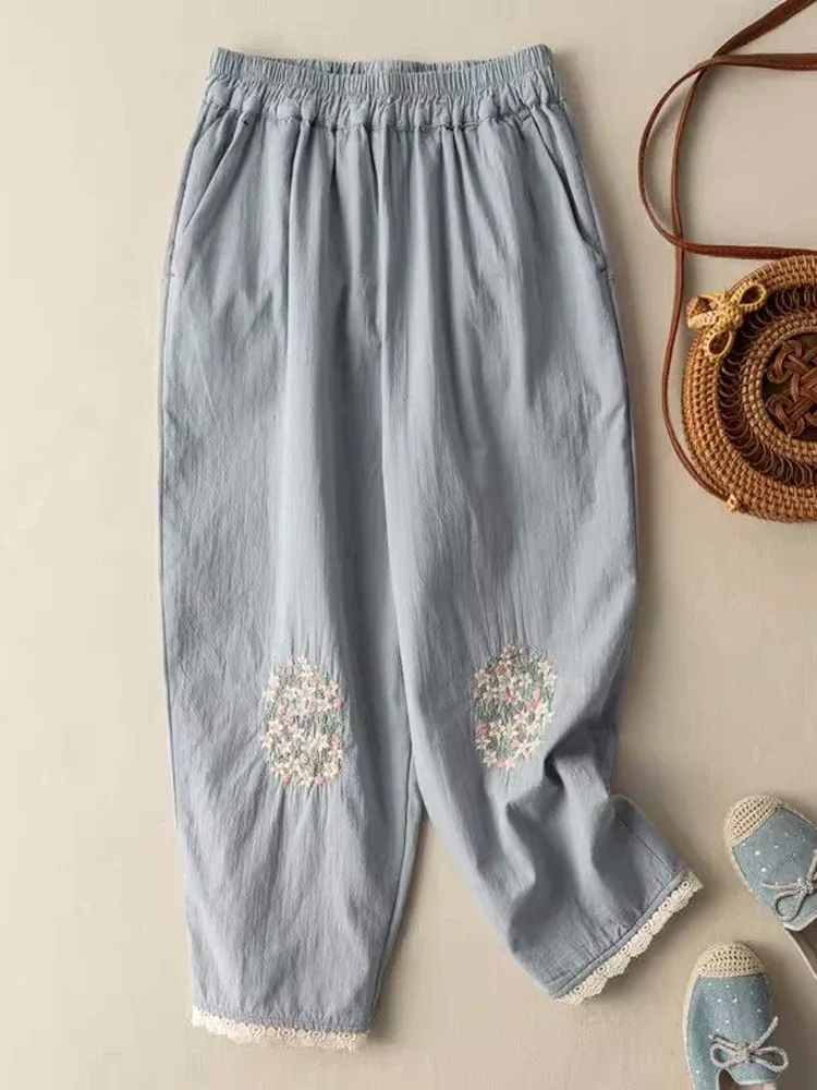 

Cotton Flower Embroidery Casual Pants Literary Vintage Loose Slim Lace Wide Leg Trousers Breathable Harem Pants