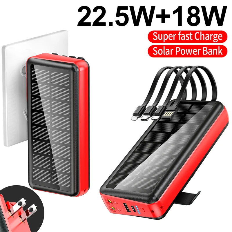 Solar Power Bank 30000mAh Built in Cable Plug Wall Charger 22.5W Fast Charging for iPhone 16 Samsung S24 Huawei Xiaomi Powerbank