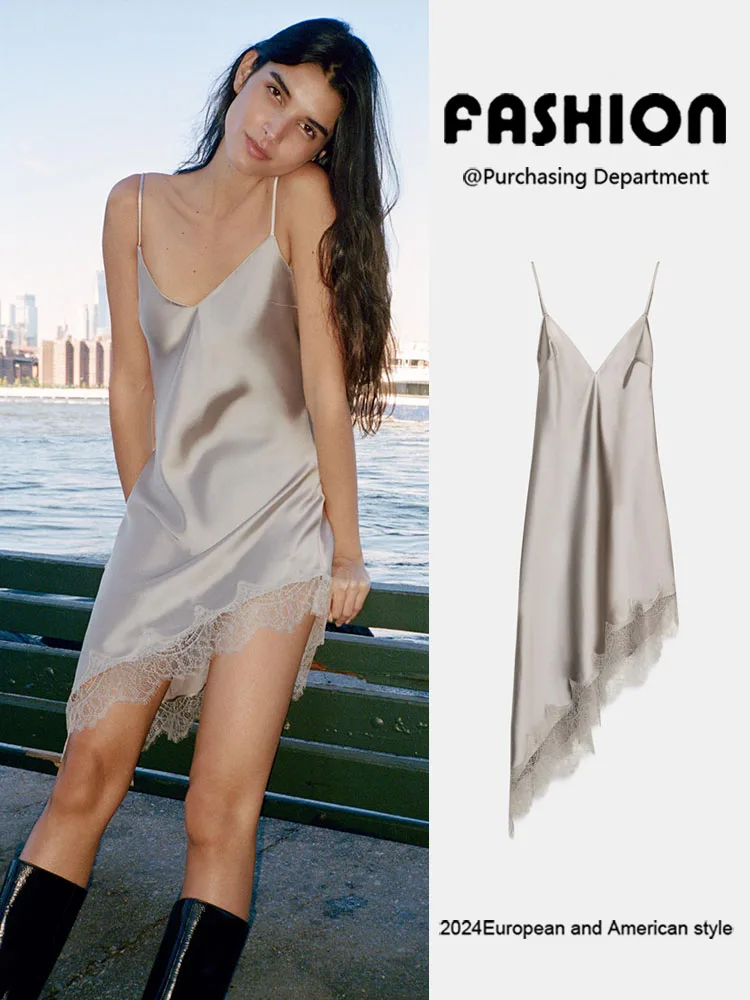 

New 2025 Women's Faionable Asymmetric Lace Dr Silk Satin Texture Ele Versatile Autumn Season Ladies' Wear