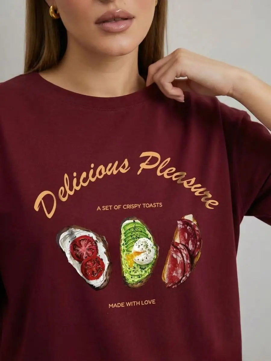 Delicious Pleasure A Set of Crispy Toasts Funny Print American Style Fashionable 100% Cotton Summer Tshirt Women Casual Tops New