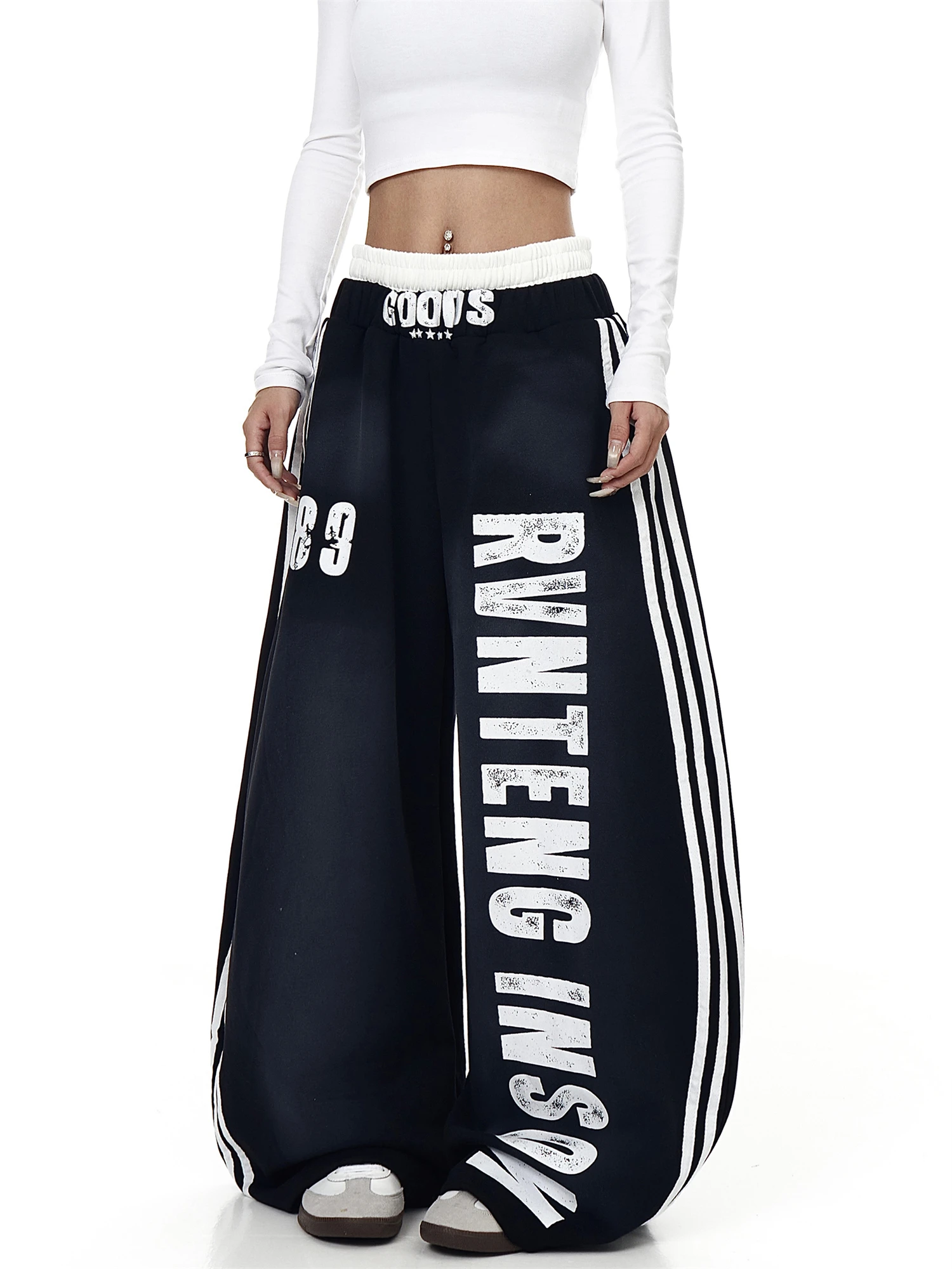 Women's Y2K Baggy Sweatpants with Big Letter Print Side Stripes Streetwear Loose Wide Leg Trousers Casual Hip Hop Fashion Pants