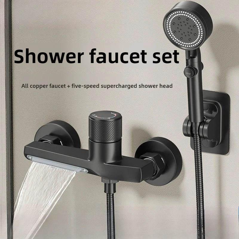 

Bathtub Gray Waterfall Bathtub Faucet With Hand Shower Brass Chrome Wall Mounted Bathroom Shower Mixer Tap Shower system Set