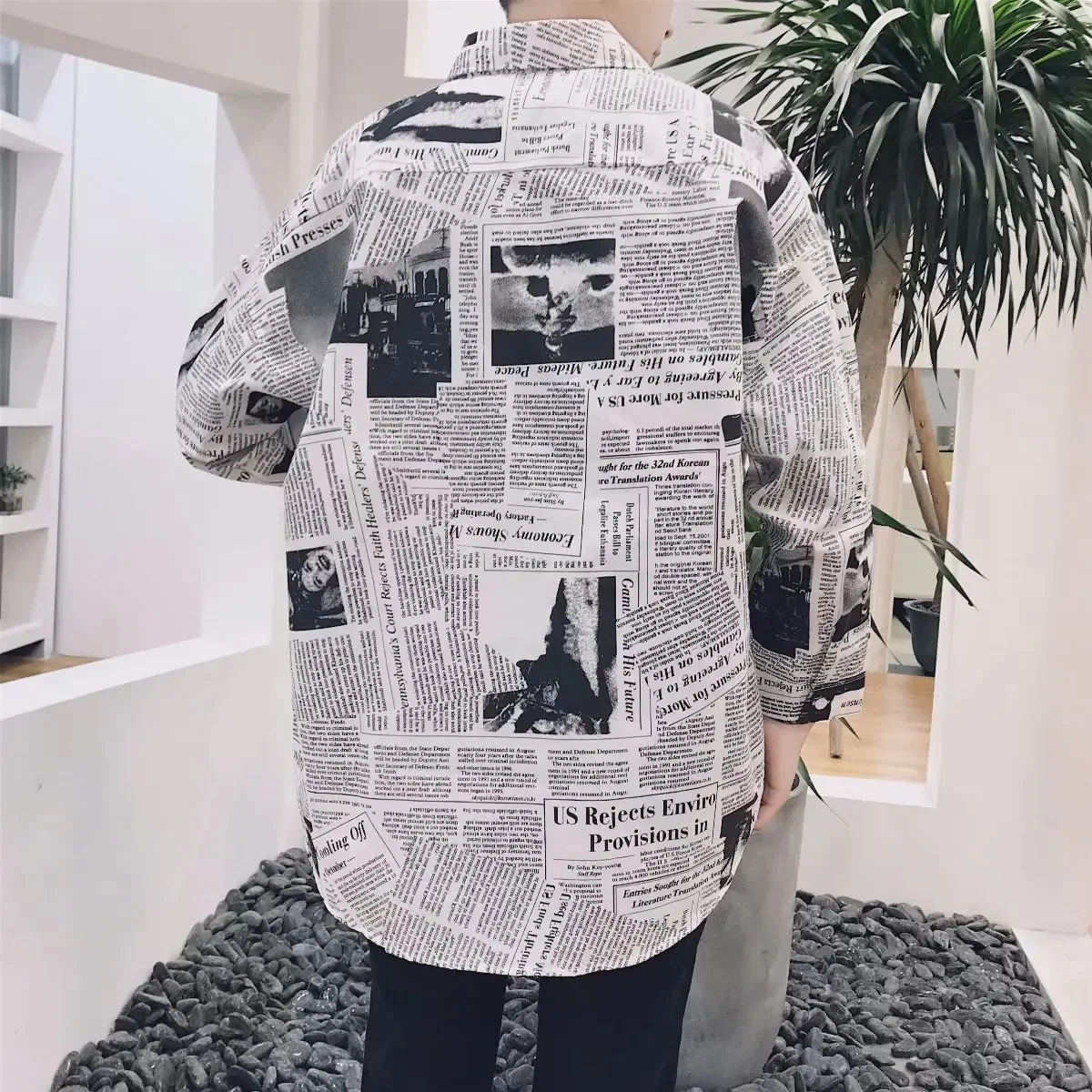 Newspaper Shirts Men Retro Nostalgic Streetwear American Style Pocket Long Sleeve Turn-down Collar Spring Summer Breathable Tops