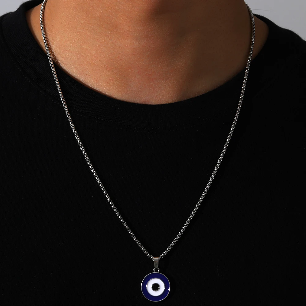 Simple Long Pendant Turkish Eye Pendant Necklace for Men Women Round Enamel Metal Eye Chain Necklace Religion Male Jewelry Gift