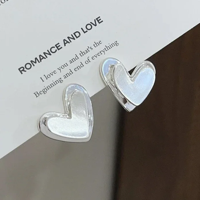 

Real 925 Sterling Silver Brushed Surface Heart Stud Earrings for Women Minimalist Cute Fine Jewelry Korean Version Accessories