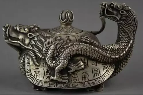 collectable Decorated Old Handwork Tibet Silver Carved Dragon Tortoise Tea Pot