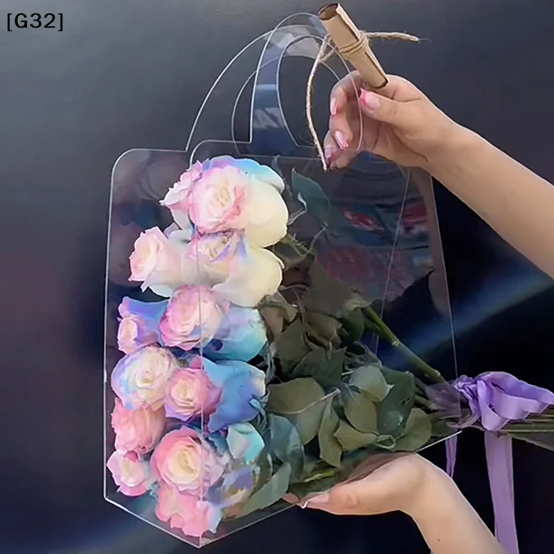 1Pc Transparent PET Fresh Flower Bouquet Handbag Flowers Wrapping Handbag Festivals Party Rose Package Portable Packing Bag[G32]
