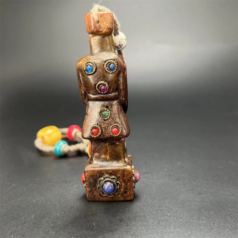 Antique Xiuyan Jade Figures Statue Five Emperor Decor Copper Coins Gemstone Inlaid Ornament Vintage Handheld Piece Collectible