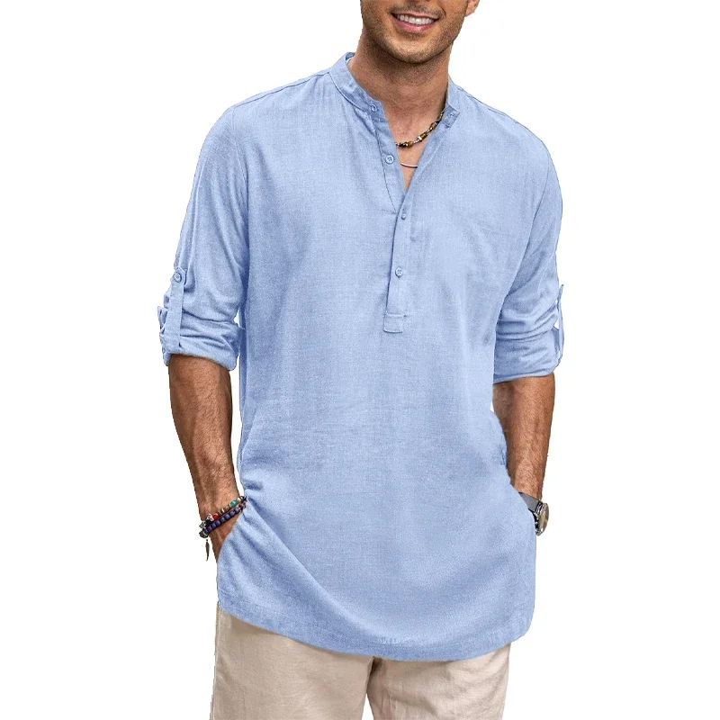 남성용 새 코튼 오버사이즈 셔츠 캐주얼 셔츠 경량 긴 소매 헨리 비치 셔츠 남성용 하와이 티셔츠