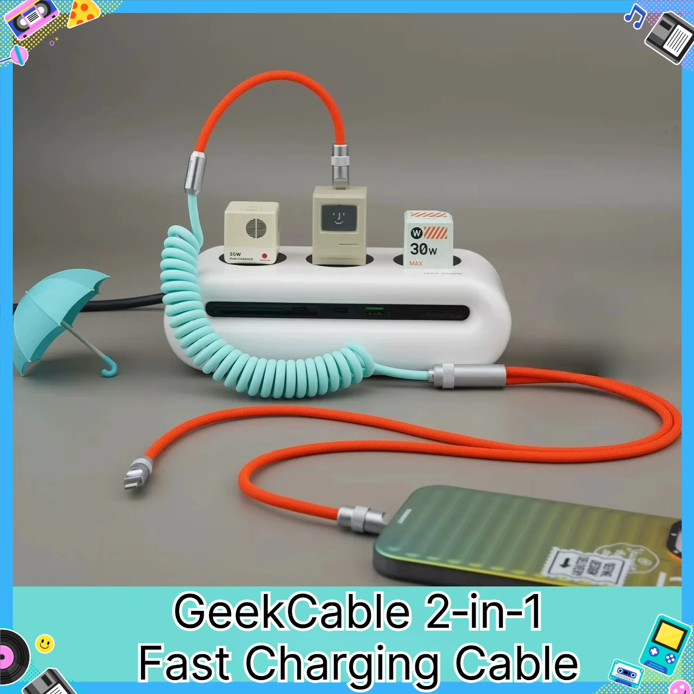 GeekCable 2‑in‑1 Fast Charging Cable Custom Silicone & Braided Coiled Data Cable 480Mbps 85cm Long Type-C for IPhone Accessory