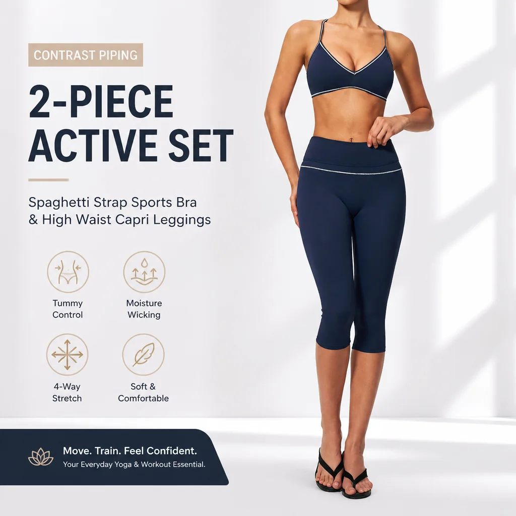 Women's Contrast Piping Spaghetti Strap Sports Bra and High Waist Capri Leggings Set 2-Piece Yoga Workout Outfit with Tummy Cont