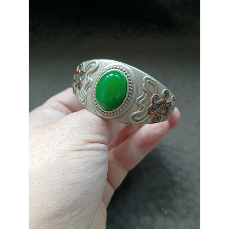 Backflow Old Inlaid Bashan Jade Tibetan Silver Ethnic Style Cloisonne Bangle Bracelet