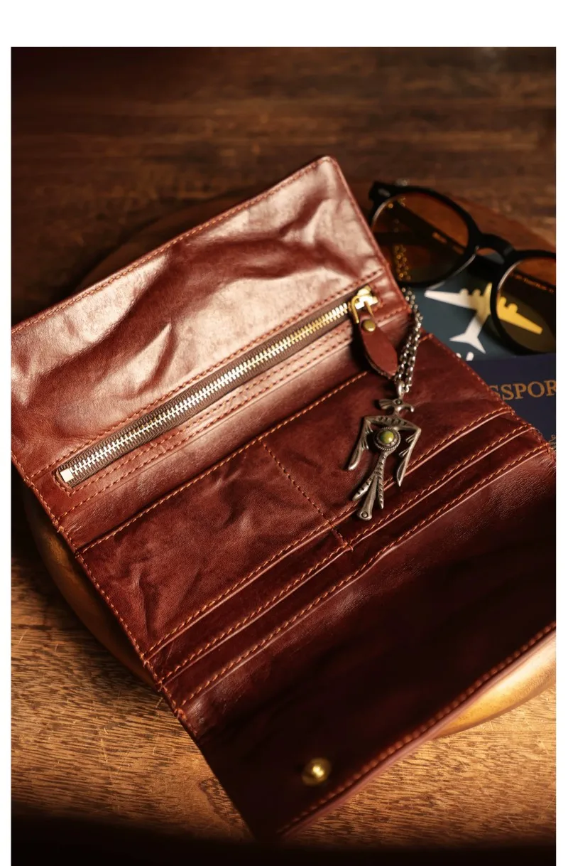 Multi-function Long Clutch Wallet,Italian Tuscany Full Grain Leather Large Capacity  Slots Zipper Pockets Soft Cow Handbag
