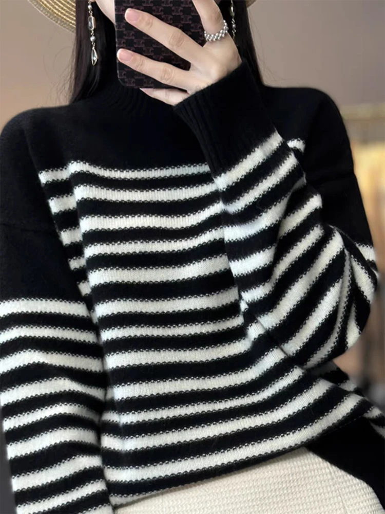 ADDONEE Women Striped Sweater Mock Neck Pullover Autumn Winter Casual Loose Cashmere Knit 100% Merino Wool Knitwear Korean Tops