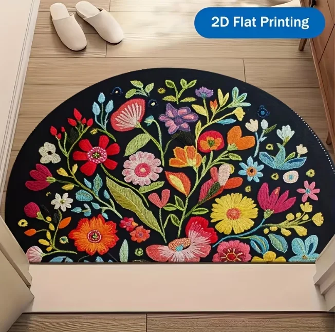 D Flat Mandala Door Mat, Semi-circular Outdoor Use, with Black Brown Mandala Pattern Entrance Corridors Gardens and Floor Mats