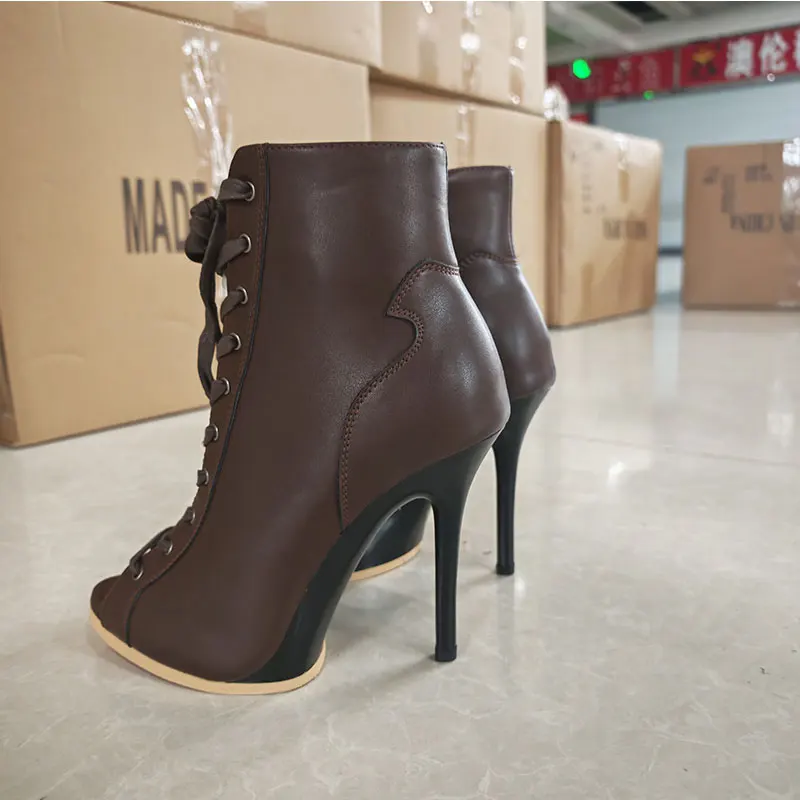 

Brown Dance Ankle Boots High Heels 11cm Customized PU leather Salsa Latin Women Dance Shoes Sexy Heels For Dancer Party