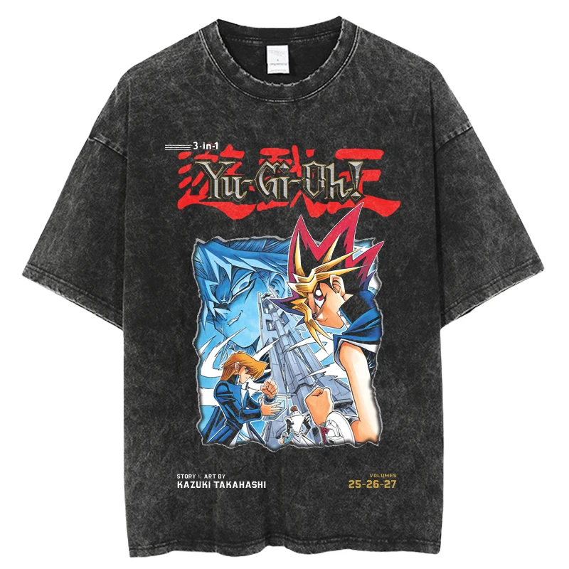 New Summer Vintage Washed T-shirt Japanese Anime Yu Gi Oh Printing Streetwear Oversized Tshirt O-Neck Unisex Tops Tees