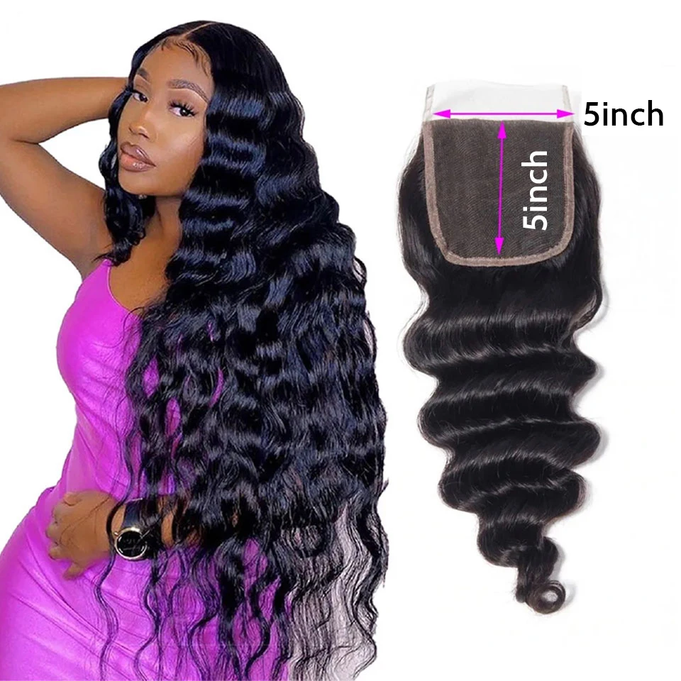 Loose Deep Wave 5x5 Lace Closure Unprocessed Human Virgin Hair Loose Deep Closure Pre-Plucked Hairline Frontal Closure Swiss Lace Closure Hair Weave Human Hair Pieces Top Closures Loose Deep Free Part Soft and Silky With Baby Hair Natural Color