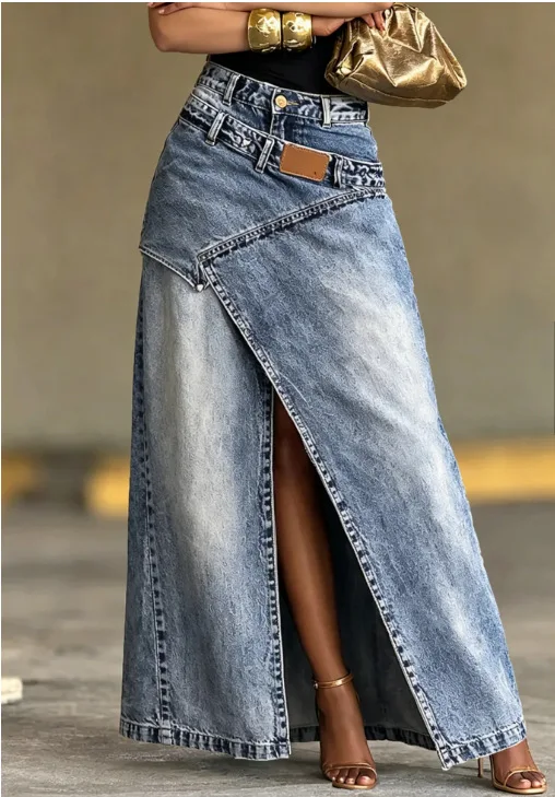 STYLISH LADY Vintage Acid Wash Denim Long Skirt 2026 Women High Waist Front Slit Irregular Overlap Patchwork Maxi Jean Skirt