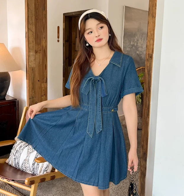 حجم كبير المرأة الصيف الحلو عالية الخصر ألف خط الرجعية الدنيم فستان مزاجه الخامس الرقبة القوس كلية نمط الأزرق مطوي فساتين #6