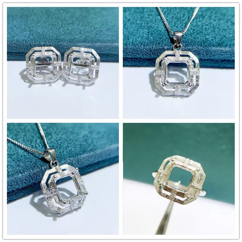 

MeiBaPJ 5/6/8 Square Stones 925 Silver Jewelry Set Holder Pendant Earrings Ring 3-pieces Suit Fine Wedding Jewelry for Women