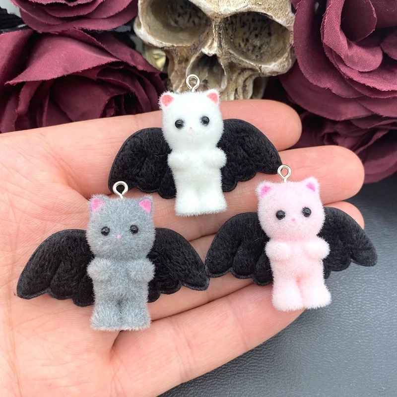 2pcs 50*37mm Goth Bat Wing Flocked Cat Charm Kawaii Plush Kitty Pendant for DIY Keychain Necklace Jewelry Making Accessories