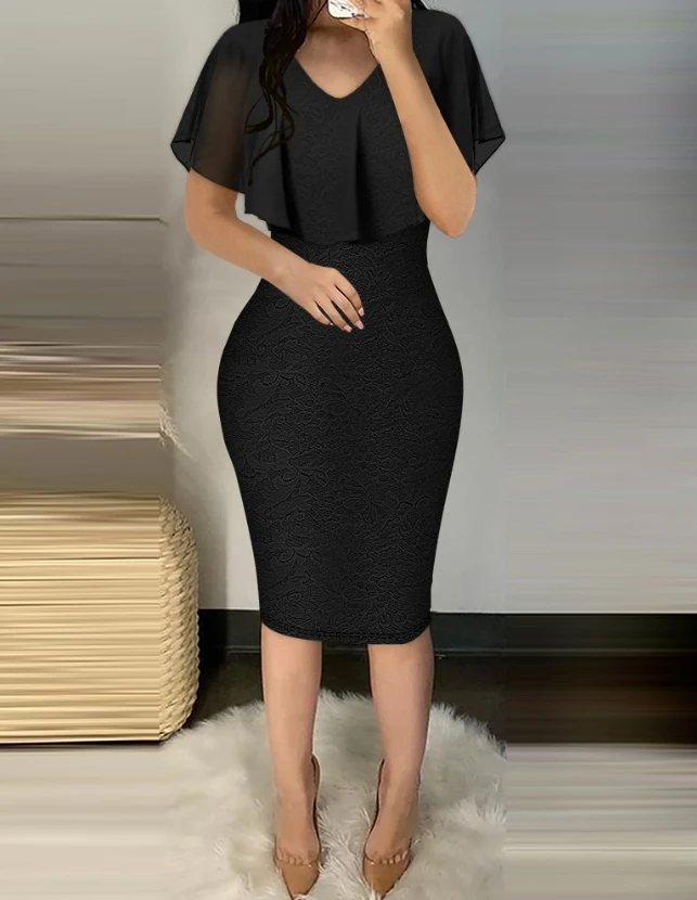 Elegante Kleider für Frauen 2023 Herbst mode Kurzarm V-Ausschnitt Cape Ärmel Rüschen Spitze Patch Bodycon Kleid